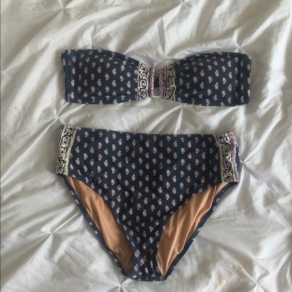 J. Crew Navy Bandeau Bikini Set with Pink Paisley and Cream Trim
